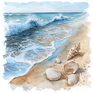 12 Beach Scene Clipart, Watercolor Ocean Waves Clipart, Printable ...