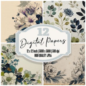 Può includere: Una collezione di 12 carte digitali con disegni floreali con fiori e foglie in stile acquerello nei toni del blu, verde e bianco. L'immagine include il testo "12 Digital Papers" e dettagli sulle dimensioni e la risoluzione della carta.