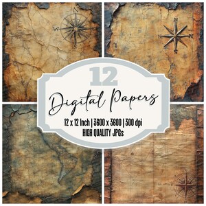 12 hojas de papel para diario basura con escritura de mapa oxidado, paquete de papel digital JPG de alta calidad, fondos de mapas vintage, papel imprimible
