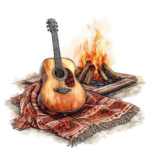12 x gitaar van kampvuur PNG-clipart, rustieke muziek aquarel kunst, afdrukbare illustraties, hoge kwaliteit PNG/JPG, digitale download, Paper Crafts