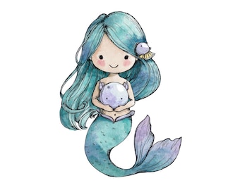 12 Pearl Mermaid PNG Clipart, Watercolor Mermaid Girls Clip Art Set, Printable Ocean Fantasy Illustration, Digital Download, Transparent PNG