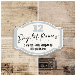 May include: A collage of four digital paper designs with a vintage aesthetic. The papers feature aged textures, handwritten script, and antique radio illustrations. The central graphic reads "12 Digital Papers, 12 x 12 Inch, High Quality JPGs."