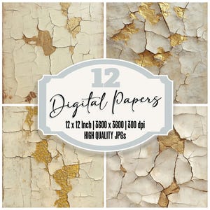May include: Twelve digital papers featuring a distressed white background with gold accents. The papers are 12 inches by 12 inches and 300 dpi.