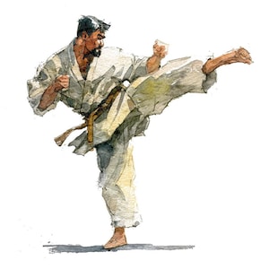 May include: Watercolor illustration of a martial artist in a karate gi, executing a high kick. The figure is depicted in shades of white, beige, and brown, with a brown belt. The artwork has a dynamic pose and a minimalist style.