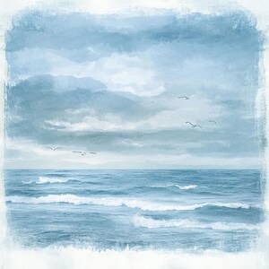 K&ouml;nnte beinhalten: Ein Aquarellbild einer Meereslandschaft mit blauem Himmel und Meer. Der Himmel ist mit wei&szlig;en Wolken gef&uuml;llt und ein paar V&ouml;gel fliegen am Himmel. Das Meer ist tiefblau und wei&szlig;e Wellen brechen an der K&uuml;ste.