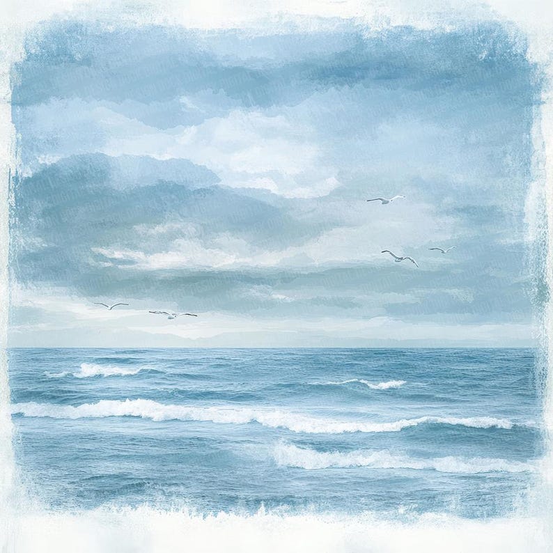 K&ouml;nnte beinhalten: Ein Aquarellbild einer Meereslandschaft mit blauem Himmel und Meer. Der Himmel ist mit wei&szlig;en Wolken gef&uuml;llt und ein paar V&ouml;gel fliegen am Himmel. Das Meer ist tiefblau und wei&szlig;e Wellen brechen an der K&uuml;ste.
