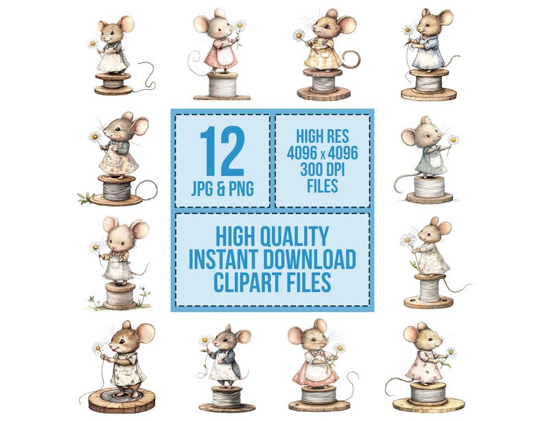 Mouse Clipart, 12x Thread Spool Mice Clip Art Set, Printable Watercolor ...