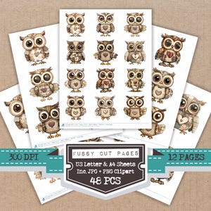 May include: A collection of owl-themed fussy cut pages. The illustrations feature various owls in brown, beige, and cream colors. The image includes text that reads "Fussy Cut Pages", "US Letter & A4 Sheets", and "48 PCS".