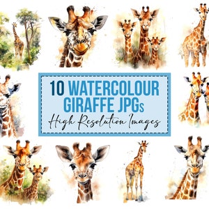 10x Giraffes Watercolor Safari Giraffe Clipart JPG Digital Clip Art Bundle Downloads jpeg File T-Shirt Designs Commercial Use Images