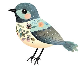 Mint Floral Bird Clipart, 12x Flower Birds Clip Art Set, Printable Watercolor Clip Art, Paper Crafts, Digital Download, Transparent PNG
