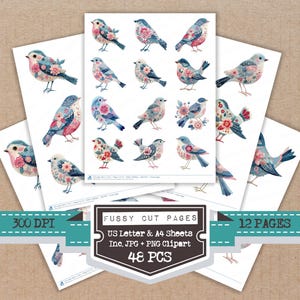 May include: Sheets of paper featuring watercolor illustrations of birds with floral accents in shades of blue, pink, and white. The image includes the text "Fussy Cut Pages", "US Letter & A4 Sheets", "Inc. JPG + PNG Clipart", "48 PCS", "12 PAGES", and "300 DPI".