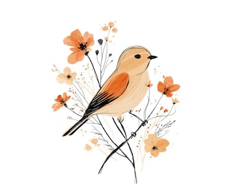 Clipart de pássaros em PNG, conjunto de 12 ilustrações minimalistas de pássaros com motivos florais, imagens em aquarela para imprimir, PNG transparente, download digital, ideal para diários e recortes.