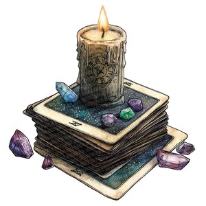 May include: A stack of tarot cards with a lit candle on top. The candle is in a glass jar with a clock face design. There are several colorful crystals scattered around the cards.