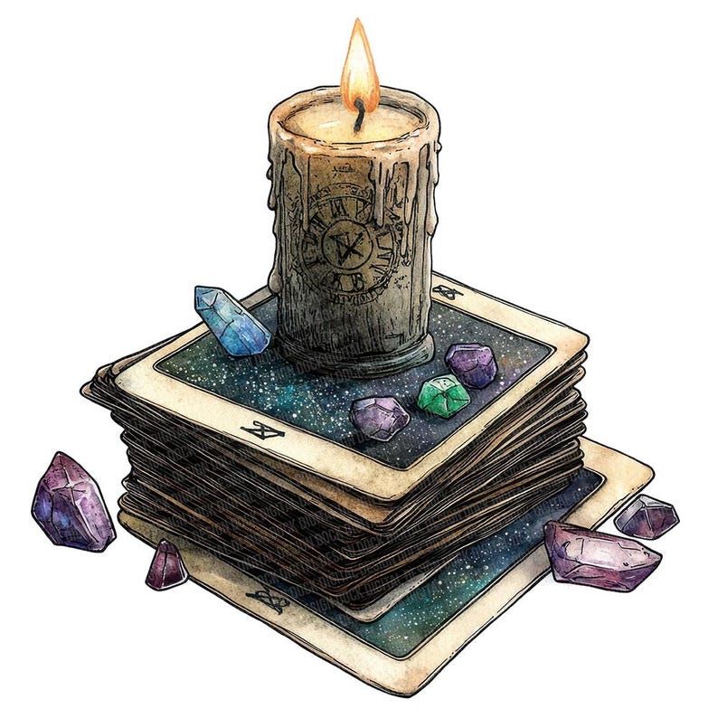 May include: A stack of tarot cards with a lit candle on top. The candle is in a glass jar with a clock face design. There are several colorful crystals scattered around the cards.