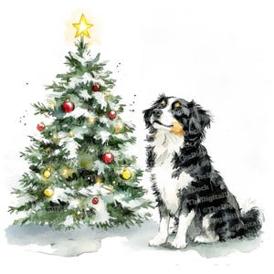 12x Christmas Dog Clip Art, Dog and Christmas Tree Watercolor Clipart, High Quality JPG, Digital Download, Holiday Clip Art,Scrapbook Images