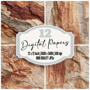 May include: A digital art product featuring 12 high-quality digital papers. The papers showcase a variety of rock textures in shades of brown, tan, and gray. The image includes the text "12 Digital Papers" and specifications of 12 x 12 inches and 3600 x 3600 pixels.