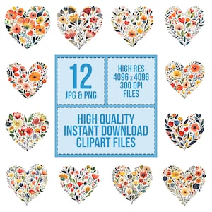 Puede incluir: Doce im&aacute;genes de clip art de coraz&oacute;n floral en acuarela en tonos de rojo, naranja, amarillo y azul. Las im&aacute;genes son de alta resoluci&oacute;n, 4096 x 4096 p&iacute;xeles, 300 DPI, y est&aacute;n disponibles en formatos JPG y PNG.