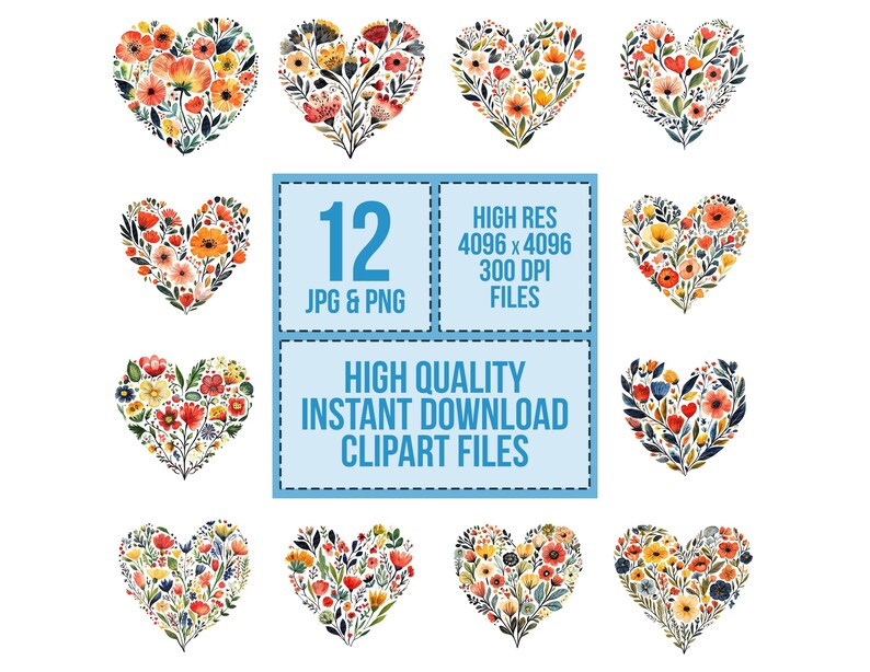 Puede incluir: Doce im&aacute;genes de clip art de coraz&oacute;n floral en acuarela en tonos de rojo, naranja, amarillo y azul. Las im&aacute;genes son de alta resoluci&oacute;n, 4096 x 4096 p&iacute;xeles, 300 DPI, y est&aacute;n disponibles en formatos JPG y PNG.