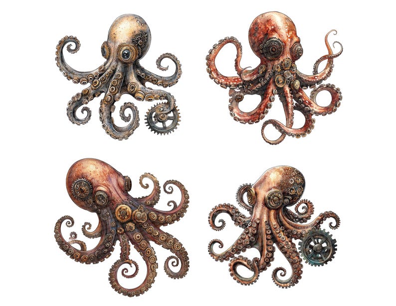 Op de afbeelding: Vier gedetailleerde illustraties van steampunk-inktvissen met ingewikkelde tandwielen en tandwielen. De inktvissen zijn weergegeven in tinten bruin en rood, tegen een witte achtergrond.
