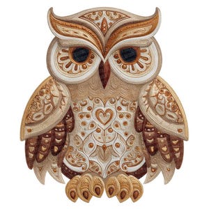 Puede incluir: Ilustración detallada y decorativa de un búho en tonos marrones, beige y blanco. El búho presenta patrones y diseños intrincados, con un detalle en forma de corazón en el pecho. Los ojos del búho son negros, y el estilo general es ornamental y artístico.