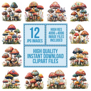 May include: Twelve watercolor illustrations of colorful mushrooms with intricate patterns. Each mushroom cluster is set against a white background with green foliage.