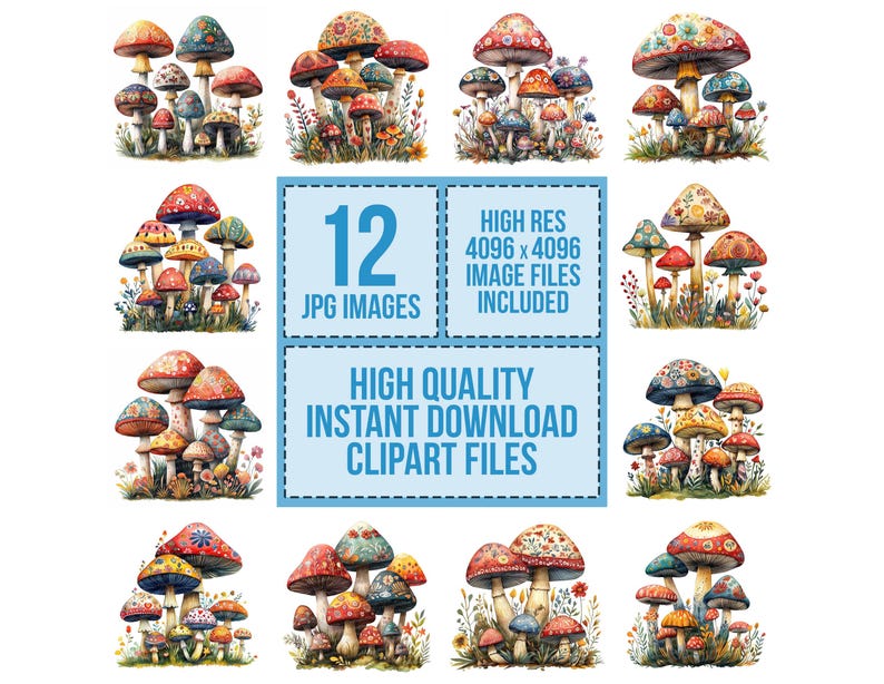 May include: Twelve watercolor illustrations of colorful mushrooms with intricate patterns. Each mushroom cluster is set against a white background with green foliage.