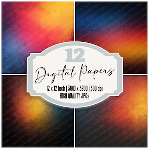 May include: A digital art print featuring four abstract backgrounds with gradients of blue, red, orange, and yellow. The image includes the text "12 Digital Papers" and details about the size and resolution of the digital papers.