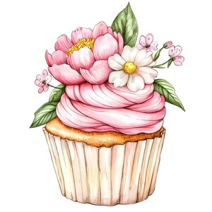 Cupcake PNG Clip Art, 12x Floral Frosted Cupcake Clipart Set, Printable Watercolor Clip Art, Digital Download, Baking Decor, Transparent PNG