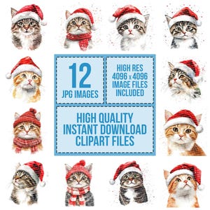 Christmas Cat Clip Art, 12x Santa Cat Watercolor Clipart Set, Printable ...