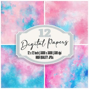 12x Pastel Paint Splash Junk Journal Paper, Confezione di carta digitale Bubblegum, Texture rosa e blu, JPG di alta qualità, Download di carta per album