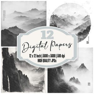 12x Inkt Mountain Silence Junk Journal Paper Chinees landschap Digitaal papierpakket Zen-achtergronden Hoge kwaliteit JPG's downloaden