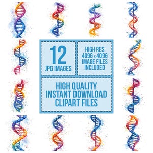 May include: Twelve watercolor illustrations of a colorful DNA double helix, each with a unique color scheme. The images are high resolution and perfect for digital projects.