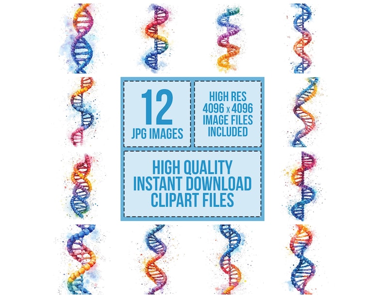 May include: Twelve watercolor illustrations of a colorful DNA double helix, each with a unique color scheme. The images are high resolution and perfect for digital projects.