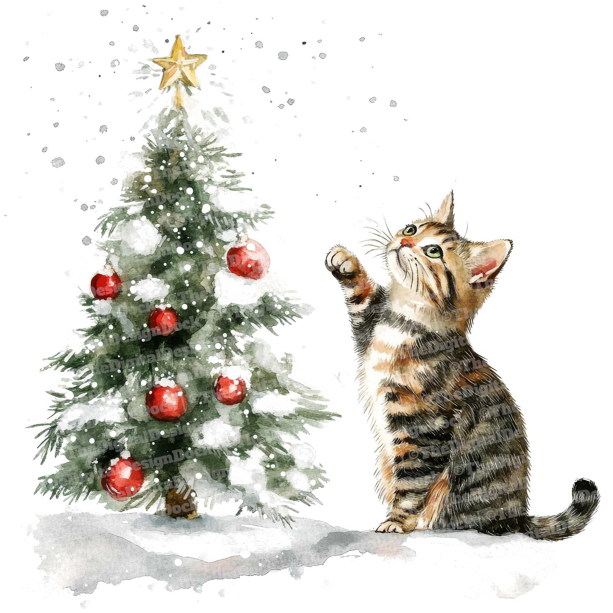 12x クリスマス猫のクリップアート、猫とクリスマスツリーの水彩画、高