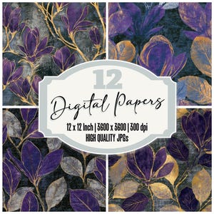 Op de afbeelding: Een collage van vier digitale papieren met een bloemenontwerp met paarse en gouden bladeren op een donkere achtergrond. De afbeelding bevat de tekst "12 Digital Papers" en details over de papiergrootte van 30 x 30 cm en resolutie.