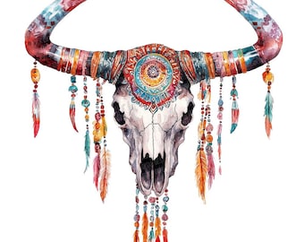 Clipart PNG di teschi di mucca in stile boho, 12 clipart di teschi di toro ad acquerello, clipart PNG stampabili, download digitale, lavori di carta, pacchetto per junk journal