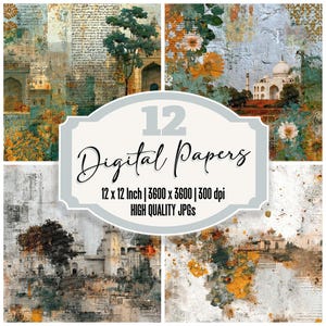 Paquete de 12 papeles digitales Delhi Collage Junk Journal, diseño del Templo del Azafrán, de alta calidad, con fondo de mapa vintage, para descargar.