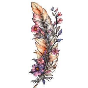 May include: A detailed illustration of a feather with a watercolor effect. The feather is primarily orange and white, with pink and purple flowers and green leaves. The artwork has a bohemian or nature-inspired theme.