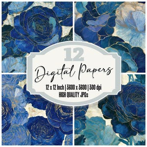 May include: A digital art collection featuring twelve floral designs in shades of blue and gold. The image showcases a collage of flower patterns with a variety of blue hues. Text on the image reads "12 Digital Papers" and details about the size and resolution.