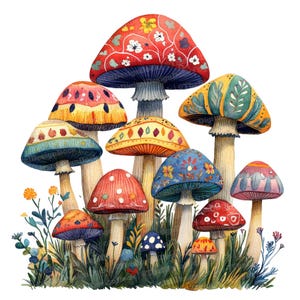 May include: A watercolor painting of a cluster of colorful mushrooms with intricate patterns. The mushrooms are arranged in a semi-circle with the largest mushroom in the center. The mushrooms are painted in shades of red, orange, yellow, blue, green, and purple.