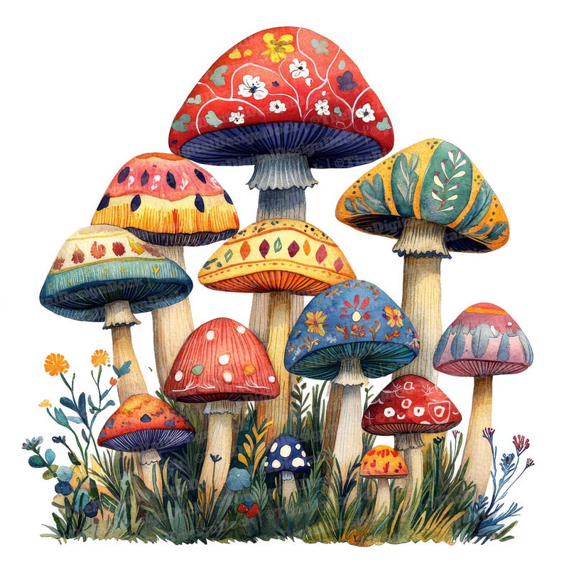 May include: A watercolor painting of a cluster of colorful mushrooms with intricate patterns. The mushrooms are arranged in a semi-circle with the largest mushroom in the center. The mushrooms are painted in shades of red, orange, yellow, blue, green, and purple.