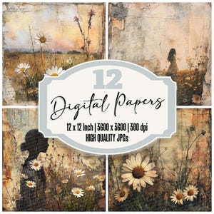 12 x Daisy Junk Journal papier fané fil papier numérique haute qualité JPG Prairie Texture vintage botanique scrapbooking arrière-plan téléchargement