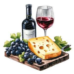 Clipart PNG di vino e formaggio, set di 12 clip art di cibo gourmet, clip art di acquerelli stampabili, lavoretti di carta, download digitale, pacchetto di diario spazzatura