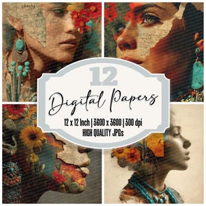 Paquete de 12 papeles digitales para collage de diario basura del desierto de Arizona, textura turquesa, archivos JPG de alta calidad, descarga de álbumes de recortes del suroeste.