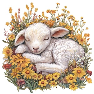 Lamb Sleeping in Flowers PNG Clip Art, 12x Sleeping Lamb Clipart Set, Watercolor Lamb Clip Art, Printable Digital Download, Transparent PNG