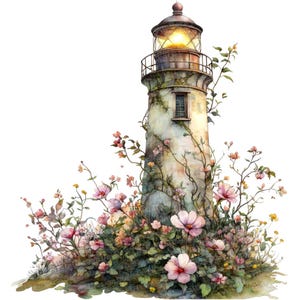 12 x clipart phare floral, clipart phare et fleurs, fichiers JPG de haute qualité, téléchargement numérique, fabrication de cartes, clipart aquarelle, travaux manuels en papier