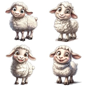 May include: Four cartoon sheep with fluffy white wool and brown eyes. Each sheep has a different facial expression, including smiling, looking curious, and looking happy.