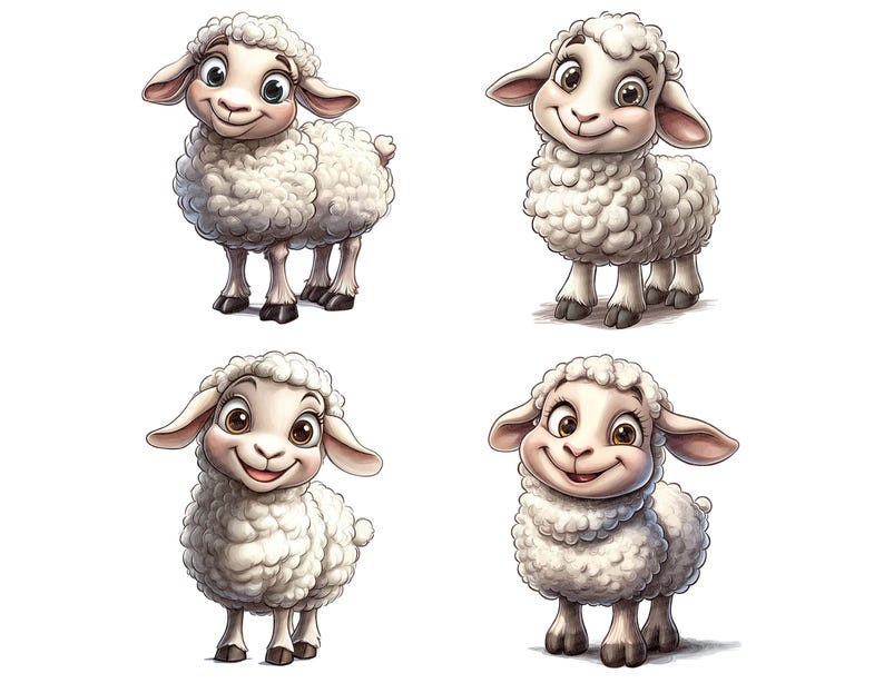 May include: Four cartoon sheep with fluffy white wool and brown eyes. Each sheep has a different facial expression, including smiling, looking curious, and looking happy.