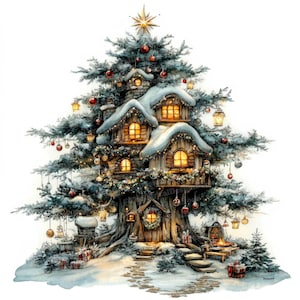 12 imágenes prediseñadas de casas del árbol de hadas navideñas, hadas navideñas, imágenes prediseñadas de acuarela imprimibles, manualidades de papel, arte mural, descarga digital, revistas basura
