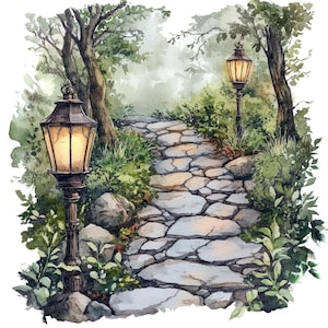 May include: Watercolor painting of a stone path winding through a lush garden. Two ornate street lamps illuminate the path, casting a warm glow. The scene is surrounded by trees and greenery, creating a serene and inviting atmosphere. The artwork evokes a sense of tranquility.